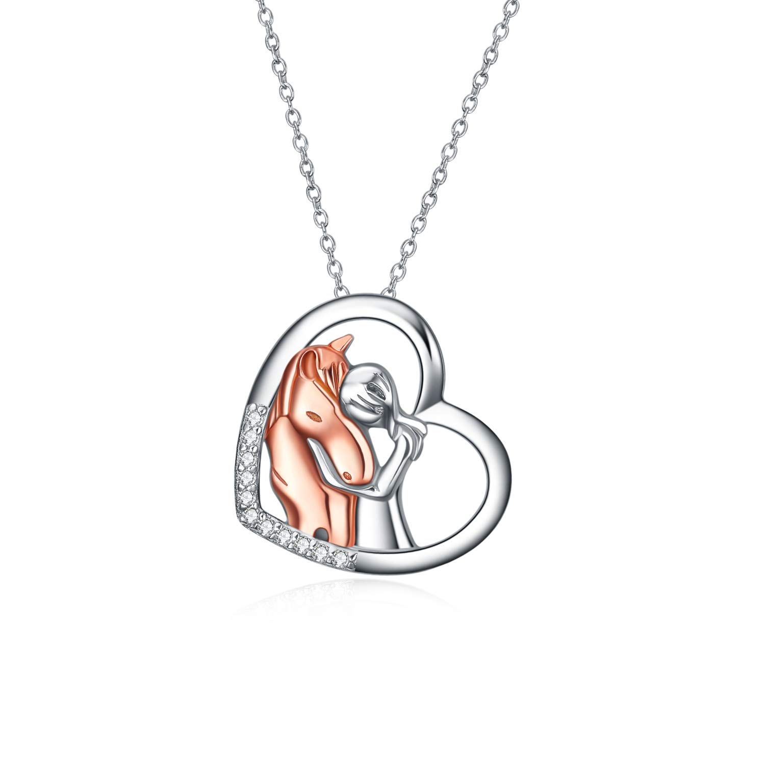 YFN Horse Pendant Necklace Jewelry 925 Sterling Silver Girls Embrace Horse Gift For Women Girls (Horse with Girl Necklace)