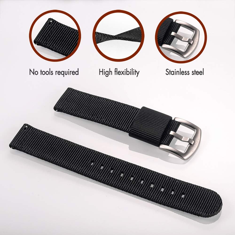 torbollo Quick Release Watch Bands - Choice of Color, Width (18mm, 20mm, 22mm or 24mm) - Watch Straps, Quality Nylon Strap and Heavy Duty Brushed Buckle