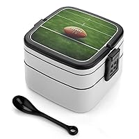 American Football Field Ball Sport Bento Box Adult Lunch Box All-in-One Lunch Containers with Removable Compartments Double Layer Bento Lunch Box with Spoon And Handle Stackable Lunchbox