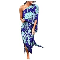 Summer Dress for Women 2023 Sexy One Shouder Long Formal Dress Floral Loose Casual Ruched Bodycon Midi Dress Cocktail Party Wedding Guest Dresses Fashion Spring Clothes(C Blue,Large)
