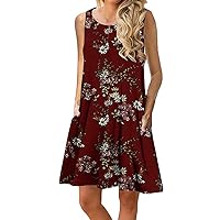 YMING Womens Sleeveless Floral Print Tank Dress Summer Loose Tunic Dresses Casual Mini Dress with Pocket