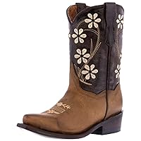 Kids Brown Western Cowboy Boots Flower Embroidery Snip Toe