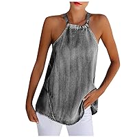 Women's Halter Denim Tank Tops Casual Loose Sleeveless Cami Shirts Summer Solid Tee Blouse Sexy Tanks Vest
