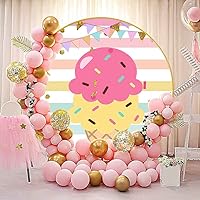 Ice Cream Birthday Round Backdrop Cover, 7.2ft Polyester Colorful Candy Colorful Stripes Circle Backdrop, Chic Circular Girl Birthday Party Banner Decorations Photo Booth Prop YMBXTPH160