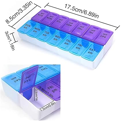 Weekly Pill Organizer 2 Times A Day 7 Day Pill Box Holder Large Daily Medicine Organizer Travel Pill Case Pill Container (2 Times Blue+Purple)