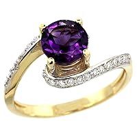 14k Yellow Gold Natural Amethyst Swirl Design Ring Diamond Accent Round 6mm, 1/2 inch wide