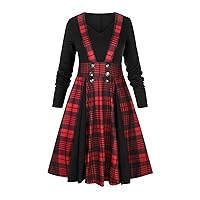 Gothic Vintage Dresses for Women Long Sleeve V Neck Plaid Patchwork Midi Dress Retro 1950s Rockabilly Steampunk Dress