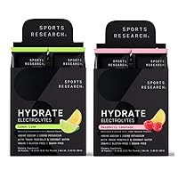 Sports Research Hydrate Electrolytes Dynamic Duo - Sugar-Free & Naturally Flavored with Vitamins, Minerals, and Coconut Water - 32 Hydration Packets of Lemon Lime & Raspberry Lemonade