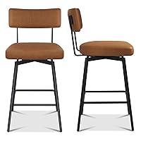 Swivel Counter Height Bar Stools Set of 2, Modern Counter Bar Stools with Backs, Faux Leather Stools for Kitchen Island,Dinning Room, Brown