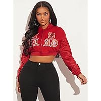 2022 Women's Jacket Letter Graphic Drop Shoulder Crop Bomber Jacket Jackets Fashion (Color : Red, Size : X-Small)