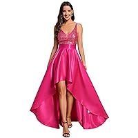 Ever-Pretty Women's Glitter V-Neck A-line High-Low Satin Prom Dress Wedding Guest Dresses for Women 00667