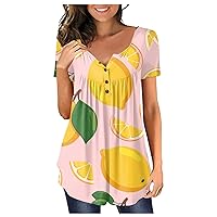 Womens Fashion Short Sleeve Tunic Tops Henley Shirt V-Neck Button Down Blouse Casual Pleated Basic Pullover