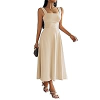 Pantete Women's Square Neck Sleeveless Midi Dresses Wide Strap Semi Formal Dress