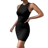 XJYIOEWT Sundresses for Women 2024 Long, Women's Sleeveless Round Neck Pleated Tight Elastic Package Hip Dress Transluc