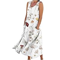 Maxi Dress for Women Summer Sleeveless Cotton Linen Boho Casual Beach Sundress Loose Flowy Elegant Dresses with Pockets