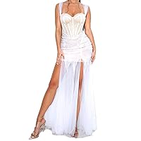 Women's Sexy Off Shoulder Gauze Slit Strapless Dress Formal Prom Dresses Party Evening Gowns Women Long Wedding Cocktail Gown