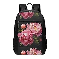 Peony Print Simple Sports Backpack, Unisex Lightweight Casual Backpack, 17 Inches