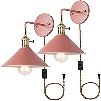Plug in Wall Sconces Set of Two,Rose red Wall lamp with Plug in Cord of 2 for Bedroom Hanging Wall Lights E26 Edison Brass lamp Holder with Frosted Paint Body Bedside lamp