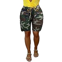 Women's Camo Cargo Shorts High Waisted Army Fatigue Shorts Camouflage Denim Short Pants Mid-Length
