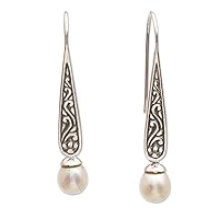 NOVICA Artisan Handmade Cultured Freshwater Pearl Dangle Earrings Spiral Motif from Bali .925 Sterling Silver White Indonesia Birthstone 'Rising Swirls'