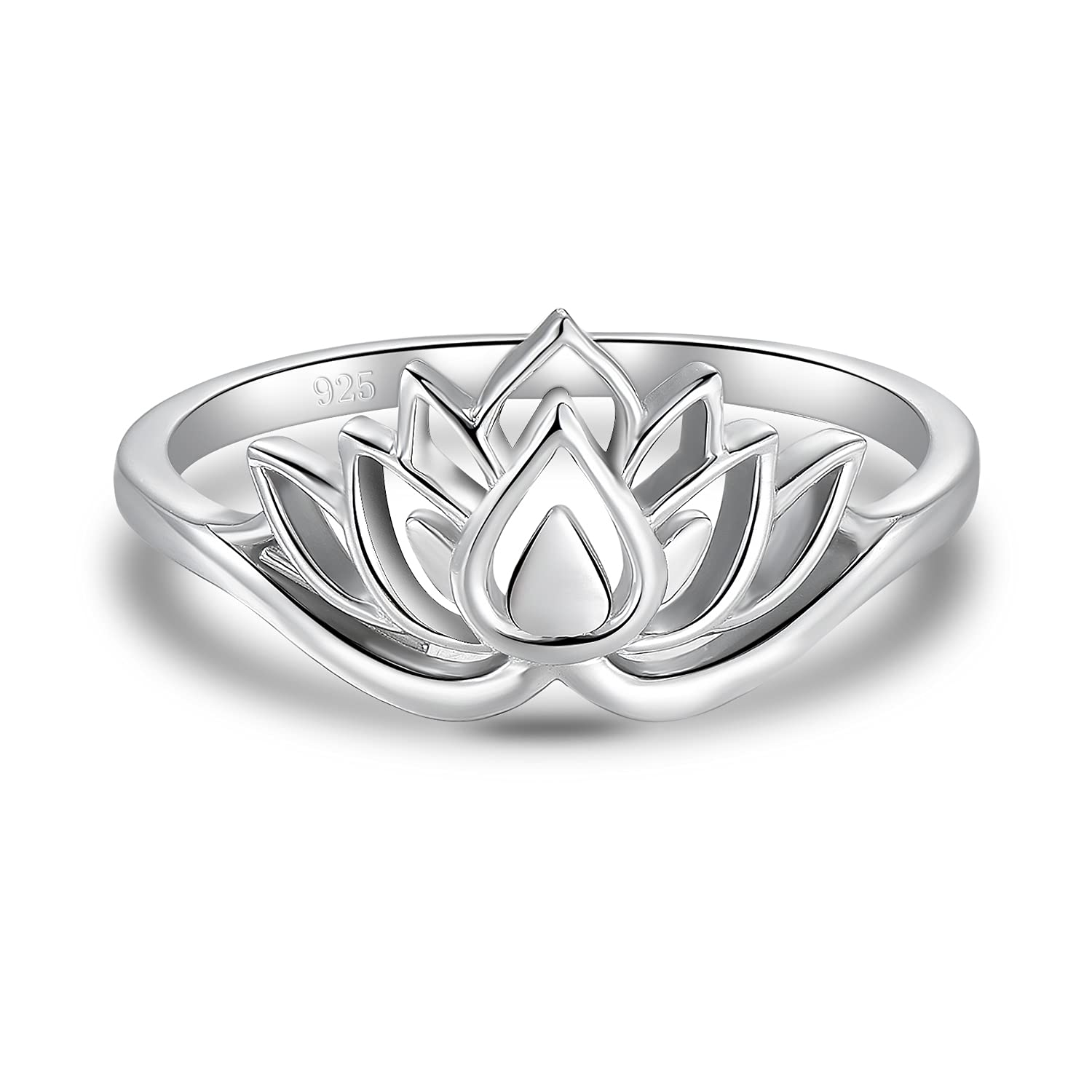 BORUO 925 Sterling Silver Ring, Lotus Flower Yoga High Polish Tarnish Resistant Comfort Fit Wedding Band Ring