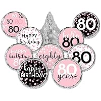 Pink, Black, and White Birthday Party Favor Stickers - Kisses Candy Labels - 180 Count - Milestone Birthday Party Supplies (80th Birthday)