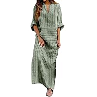 Women's Summer Yarn-Dyed Fashion Dresses Striped Long Sleeve Dresses V Notch Neck Maxi Dress with Pockets