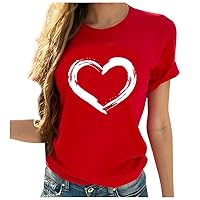Women's Love Heart Graphic Print Tee Short Sleeve Crew Neck T Shirt Casual Summer Loose Fit Solid Color Pullover Tops