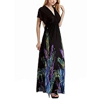 Women's Short Sleeve V Neck Floral Maxi Dress Empire Waist Bohemian Beach Long Dress
