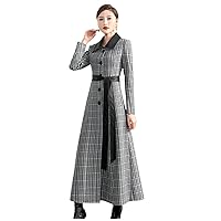 Women Gray Plaid Woolen Coat Elegant Turn-Down Collar Ankle-Length Slim Thick Warm Wool Blends Coat