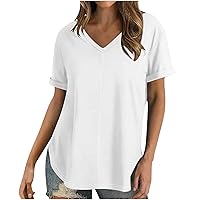 Oversized T Shirts for Women Summer Crewneck Rolled Sleeve Basic Tops Loose Fit Tshirt Solid Color Casual Work Blouses