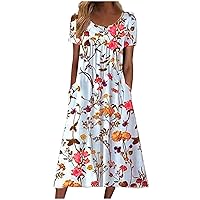 Summer Bohemian Floral Short Sleeve Swing T-Shirt Dress for Women Fashion Casual Loose Fit High Waist Tunic Dress