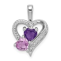 925 Sterling Silver Textured Polished Prong set Open back Amethyst Pink Quartz and Diamond Pendant Necklace Jewelry for Women