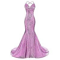 VeraQueen Women's V Neck Mermaid Prom Dress Sequins Spaghetti Straps Formal Evening Dress