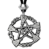 Pewter Brooms of Elder Druid Pentacle Pendant Necklace