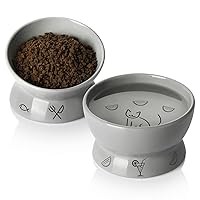 Sweejar Raised Cat Bowls Set, Tilted Food Bowl and Deep Water Bowl, Stress Free Elevated Cat Food Bowls, Protect Cat's Spine, Ceramic Pet Bowl Collection for Cats and Small Dogs, Set of 2 (Gray)
