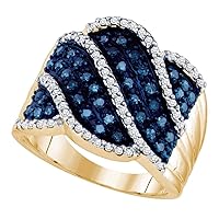 TheDiamondDeal 10kt Yellow Gold Womens Round Blue Color Enhanced Diamond Striped Fashion Ring 3/4 Cttw