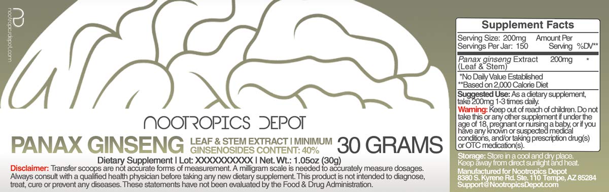 Nootropics Depot Panax Ginseng Leaf Extract Powder (40-45% Ginsenosides) 30 Grams