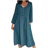 Womens Button Down Cotton Linen Empire Waist Dress Summer Trendy V Neck Short Sleeve Elegant Midi A-Line Dresses