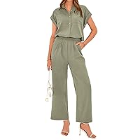 PRETTYGARDEN Women's Summer 2 Piece Outfits 2024 Casual Tracksuit Short Sleeve Button Down Shirts Long Pant Lounge Sets