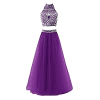 Women's Long Halter Two Pieces Tulle Beaded Prom Evening Dress