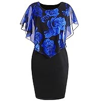 Women Floral Print Asymmetric Chiffon Overlay Dress Plus Size Ruffle Cape Sleeve Bodycon Party Dresses