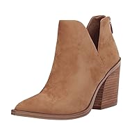 FISACE Womens Pointed Toe Stacked Mid Heel Ankle Boots V Cut Back Zipper Faux Leather Booties
