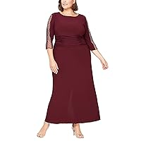 S.L. Fashions Women's Plus Size Long Length Ruched Waist Formal Dress with Beaded Illusion 3/4 Sleeves