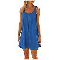 Mini Summer Blouses Lady Pub Sleeveless Fashion Cotton Crewneck Sundress Loose Solid Light Pleated Tops for Women Blue
