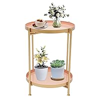 Round Side Table, 2-Tier Metal End Table with Removable Tray, Anti-Rust Folding Sofa Small Port Table Bedside Table, Small End Tables for Small Spaces Living Room (Gold Pink)