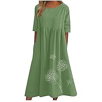 Best Cyber of Monday Deals Cotton Linen Dress for Women 2024 Trendy Summer Short Sleeve Midi Dresses Cute Casual Dandelion Print Sundress with Pocket Robe Ceremonie Femme Green