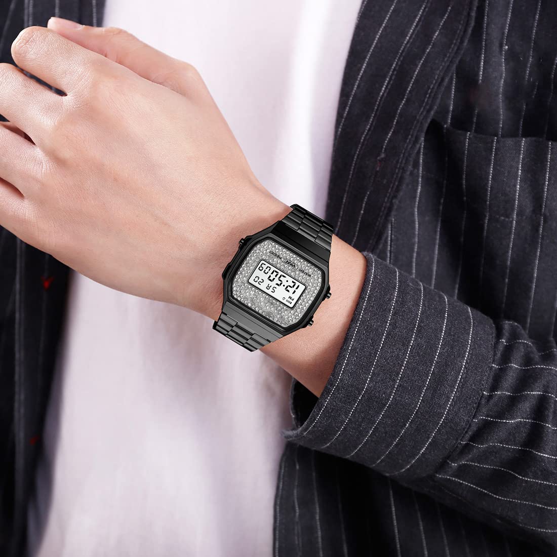 Unisex Digital Uhren Luxus Edelstahl Band Multifunktion Quadrat Elektronische Uhr Mode Kristall Herren Damen Sport Armbanduhr