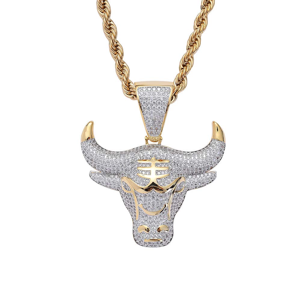 KMASAL Jewelry Men Hip Hop Iced Out Bling CZ Diamond Vampire Mask & Bull Pendant 18K Gold and Silver Plated with 24 Inch Rope Chain