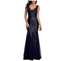 Women's Bodycon Prom Dresses Sleeveless Sexy V Neck Formal Gowns Sparkly Sequins Tulle Long Wedding Party Evening Dress